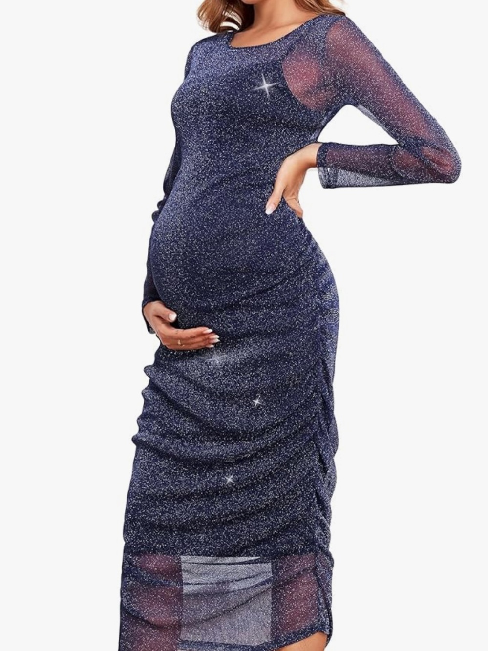 Sparkle Navy Maternity Bodycon Dress - Elegant Long Sleeve
